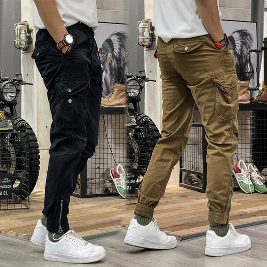 Pantalones cargo elásticos de cintura con cordón para hombre con múltiples bolsillos