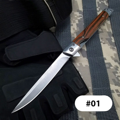 Cuchillo plegable con mango de madera para trabajo, senderismo y camping